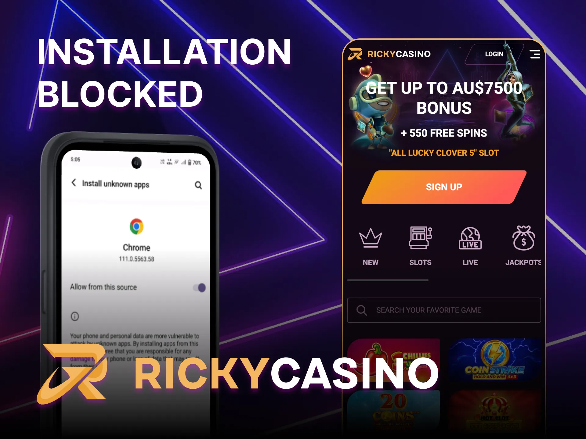 Unblock app installation, get Ricky Casino on Android, start playing now.