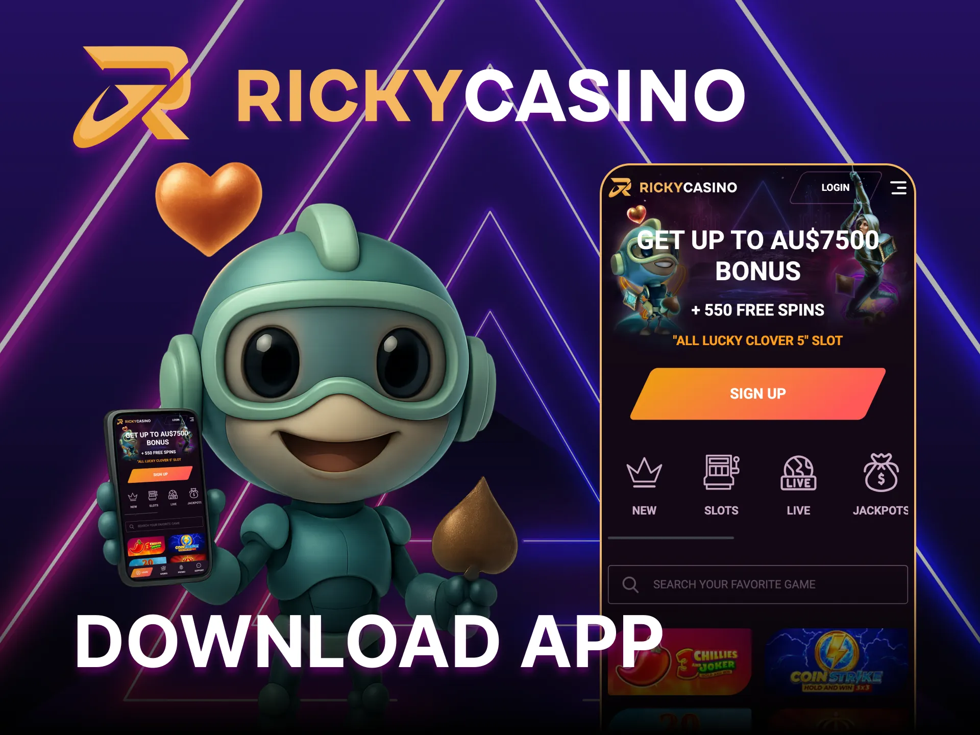 Easily install the Ricky Casino app for real money play.