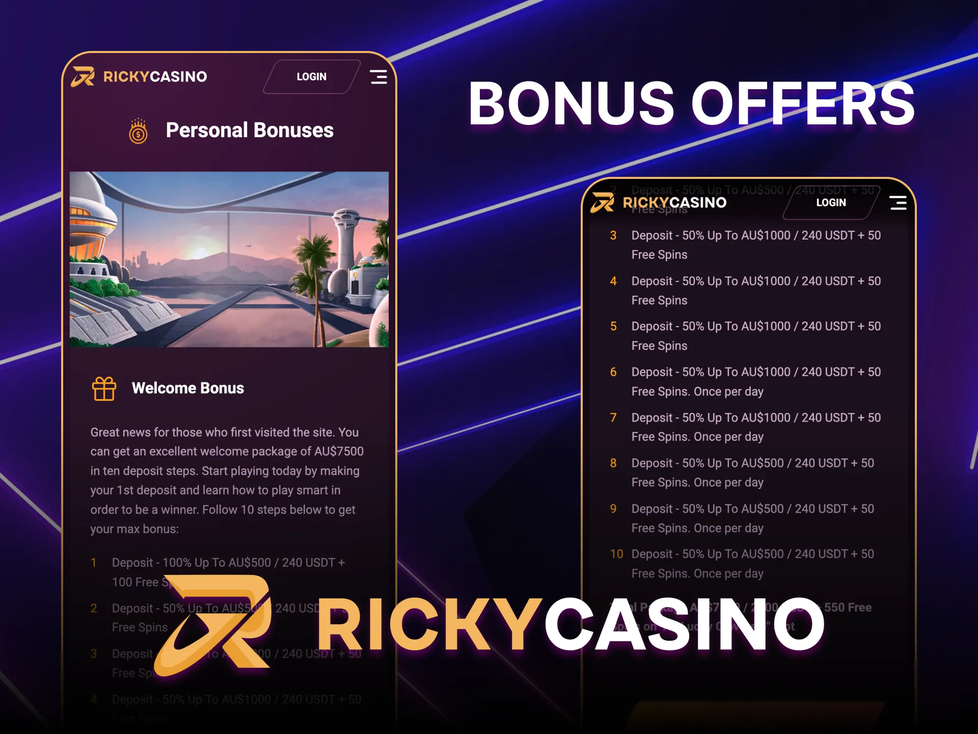 Claim welcome bonuses and free spins in the Ricky Casino app.