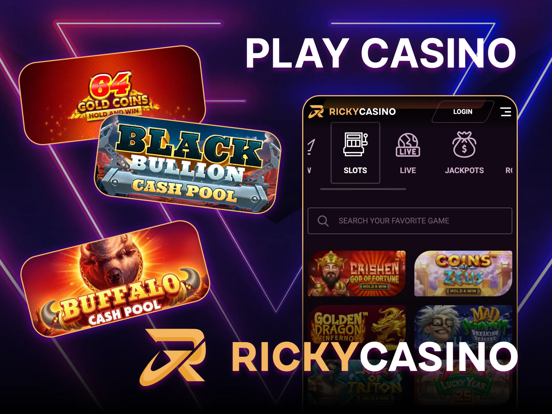 Play over 5000 real money games in the Ricky Casino app.