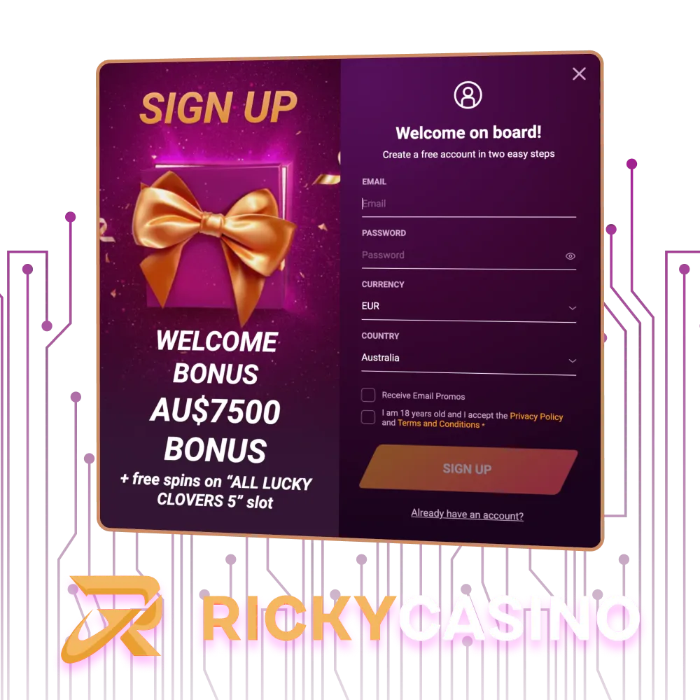 Quick and easy registration at Ricky Casino for new player.