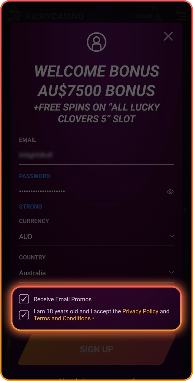 Read and accept Ricky Casino's terms and conditions of registration.