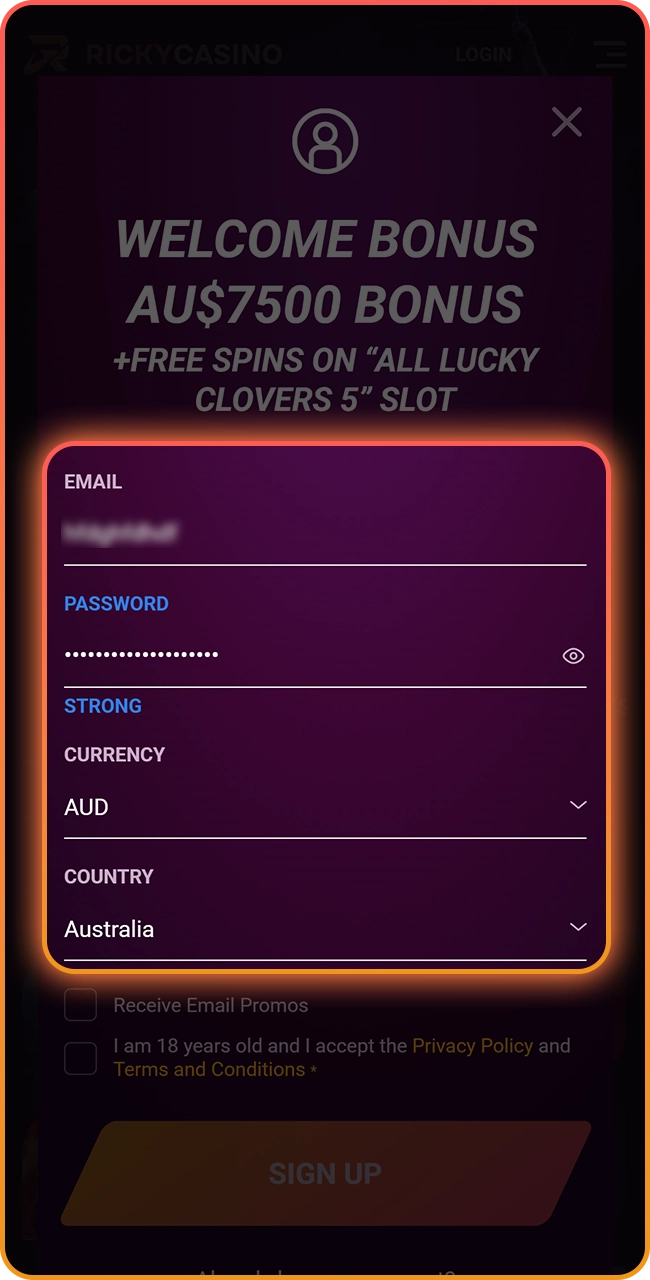 Fill in all fields of the Ricky Casino registration form.