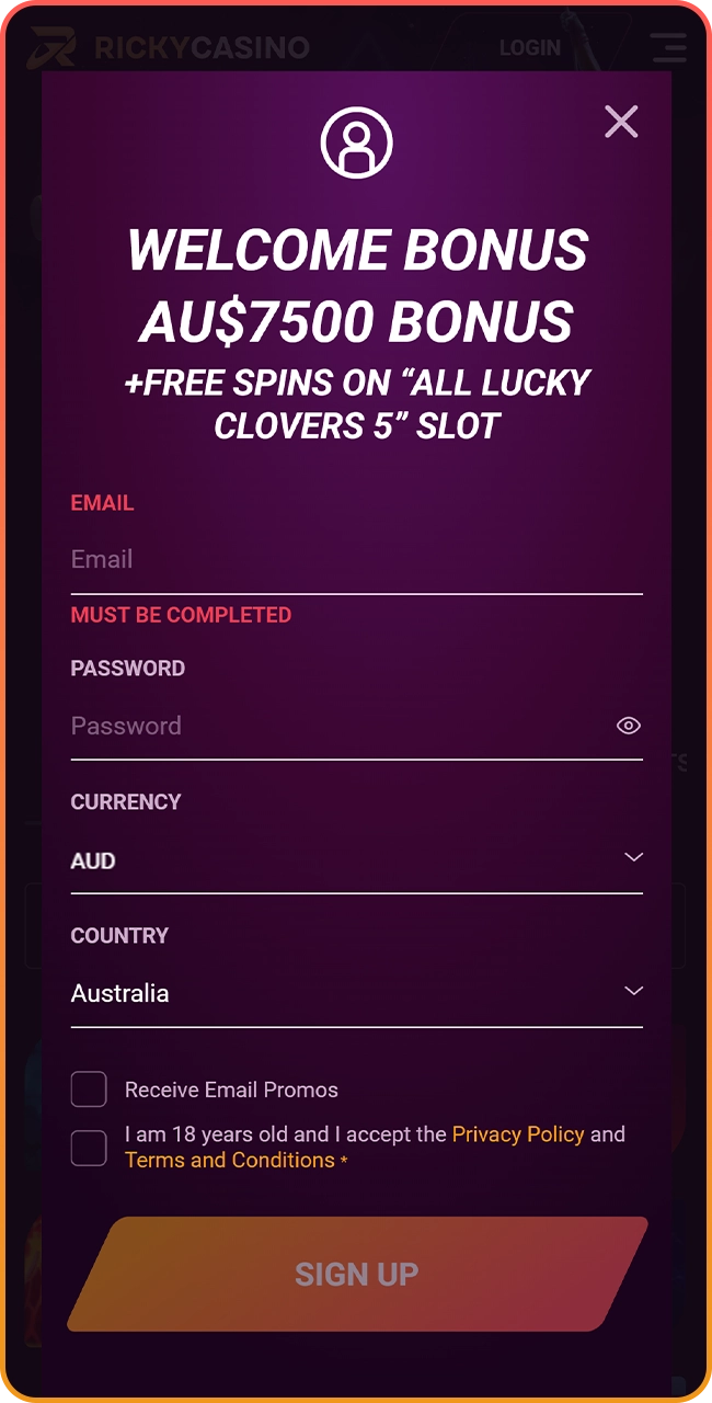 Open the Ricky Casino registration form.