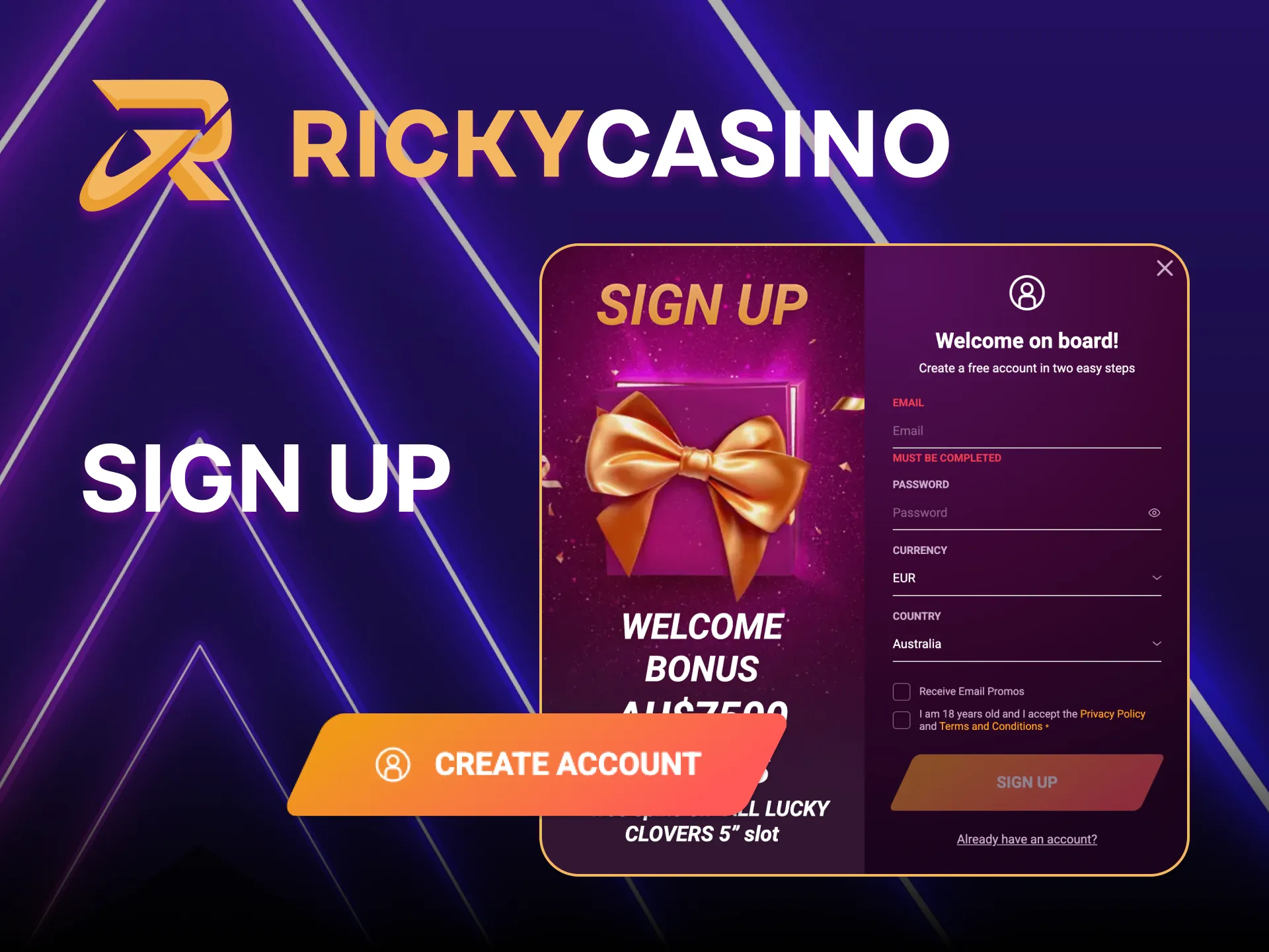 Easy PWA registration for real play on the Ricky Casino website.