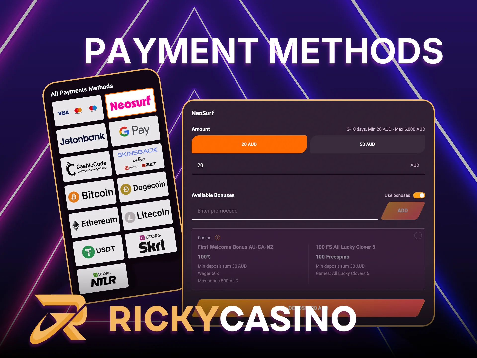 Make deposits and withdraw your winnings quickly and easily with the payment methods offered at Ricky Casino.
